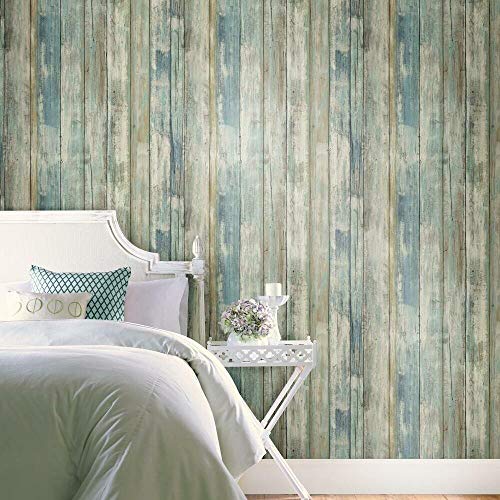 RoomMates Blue Distressed Wood Peel and Stick Wallpaper - color: Blue
