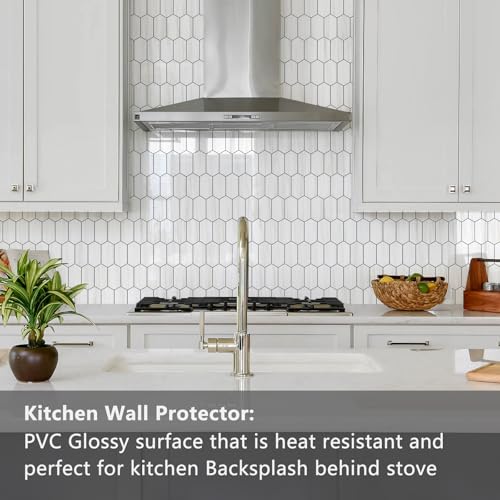 Vamos Tile Long Hexagon Peel and Stick Backsplash Tile - 10 Sheets Stick on Backsplash for Kitchen and Bathroom 12.4 x 12 Inch Glossy Dolomite White PVC Self Adhesive Mosaic Wall Tiles - color: Glossy Dolomite White