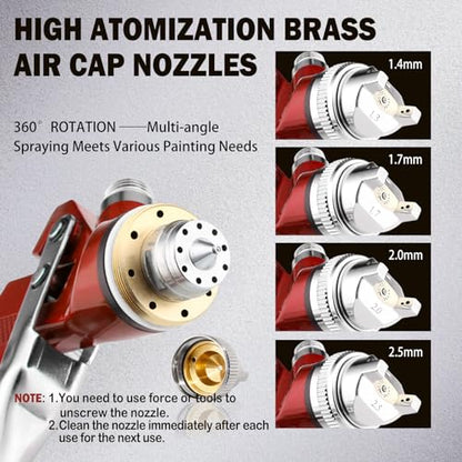 HVLP Spray Gun Premium Kit, Automotive Paint Gun 1.4/1.7/2.0/2.5mm Nozzles - color: Red