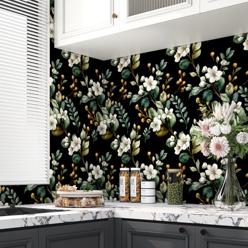 Black Green Dark Moody Floral Peel and Stick Wallpaper 17.5" x 118" - color: Black/Green/White, size: 17.5" x 118"