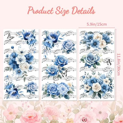 Peacoblue Flowers Music Notes Rub On Transfers for Furniture 6"x12" - style: Blue Flowers and Music Notation