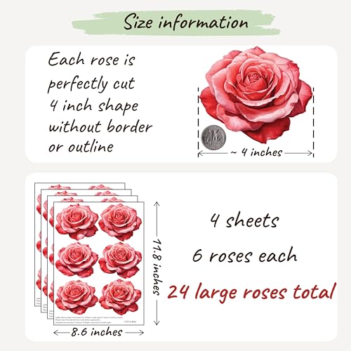 Watercolor Roses Wall Decals, 24 Large Easy Peel & Stick Roses Stickers, Premium Removable and Repositionable Floral Wall Art Fabric Stickers (Red) - color: Red