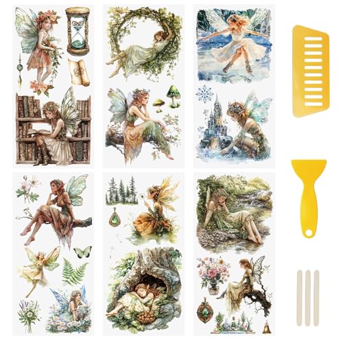 WANDIC 6 Sheets Fairy Rub On Transfers Oil Painting Style Scrapbook Stickers Elf Window Decals Sprite Waterproof Stickers Pixie Cup Wraps for DIY Furniture Photo Albums,15 * 30cm - color: Oil Painting Style Elves