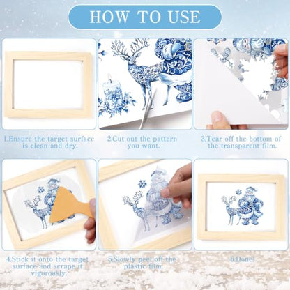 UV DTF Winter Rub on Transfers, 12 Pcs Blue Porcelain Furniture Decals - style: Blue Porcelain
