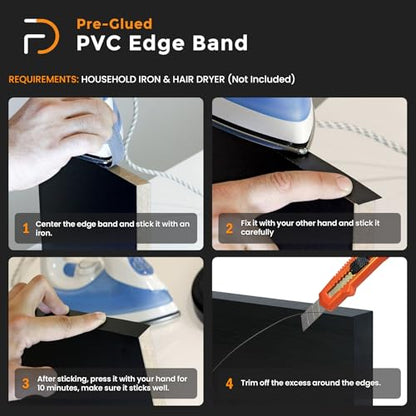 7/8" x 50' PVC White Roll Pre-Glued Edge Banding, Iron on Edge Band, Hot Melt Adhesive, Furniture Edge Tape, PVC Edging for Easy Furniture Restoration, Rough Surface, Based in USA - size: 7/8" x 50ft