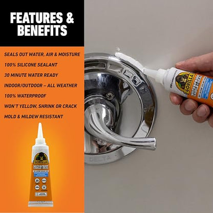 Gorilla 100% Silicone Caulk, Waterproof Sealant, 2.8oz Squeeze Tube, 2-Pack - color: White, size: 2 - Pack
