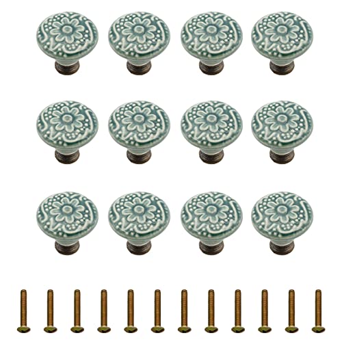 12 Pcs Ceramic Cabinet Knobs, 34mm/1.33 Inch Diameter Floral Ceramic Decorative Round Dresser Drawer Pulls Handles Single Knobs with Screws for Furniture Cabinet (Green)