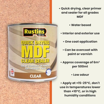 Rustins Quick Drying MDF Clear Sealer 500ml | 16.9 Fl. Oz. - size: 500ml