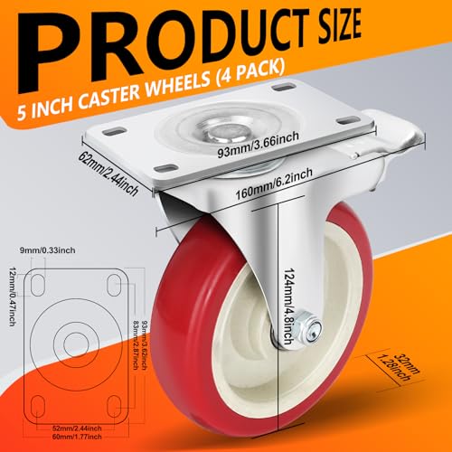 5" Heavy Duty Caster Wheel with Brake,Swivel Caster Set of 4 - color: Red, size: 5 IN