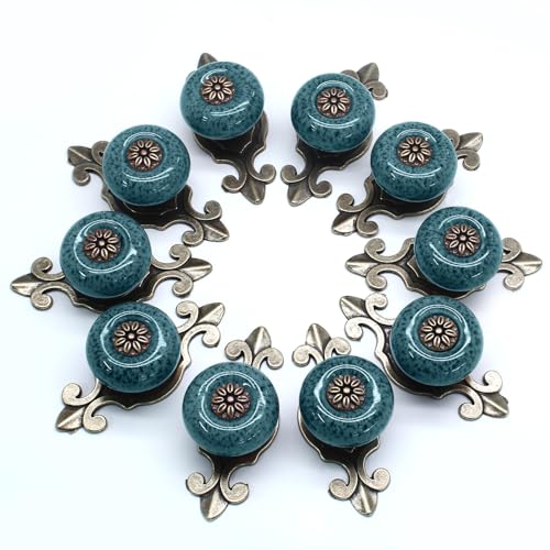 10pcs Blue Ceramic Knobs with Pattern - color: Blue with Pattern, size: 10 Pieces