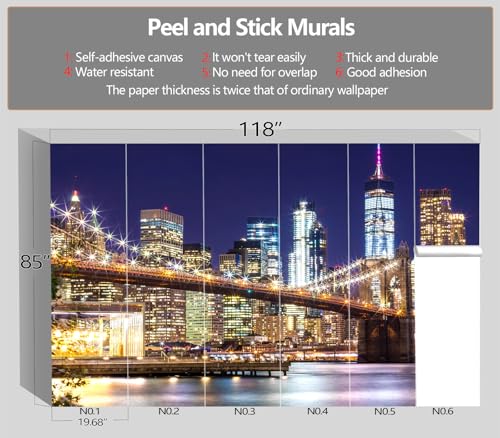 Peel and Stick City Wallpaper new york City Night View wall Mural - color: M02, size: 118"x85"