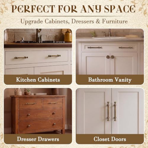 12 Pack Antique Brass Cabinet Knobs and Pull Handles, Elegant Vintage Bloom