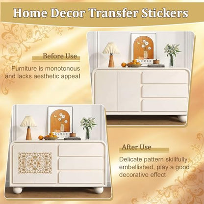 WANDIC 3 Sheets Rub On Transfer Stickers, Retro Golden Flowers Pattern Waterproof Decals Furniture Craft Embellishments for DIY Scrapbooking Photo Albums,15 * 30cm - color: Golden Flowers