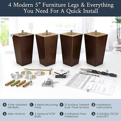 Airy Abode Premium Walnut Square Furniture Legs (Full Install Kit) - Pick Your Size and Color - color: Brown, size: 5 Inches