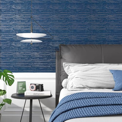 VEELIKE Indigo Blue Grasscloth Peel and Stick Wallpaper Textured Grasscloth Wallpaper Prepasted 15.7''x118'' Blue Grasscloth Contact Paper Removable Grass Cloth Wallpaper for Bedroom Bathroom - color: Indigo Blue, size: 15.7" x 118"