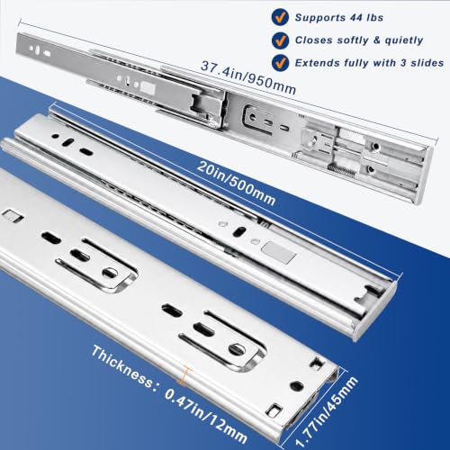 20 inch Soft Close Drawer Slides 6 Pairs (12 Pcs) Heavy Duty Cabinet Side Mount Drawer Slides 3-Fold Full Extension Ball Bearing 45 LB Capacity - size: 20 Inch