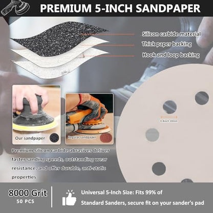 50PCS 5 Inch Sanding Discs 8000 Grit, Wet Dry Hook and Loop Sandpaper - style: 8000Grit