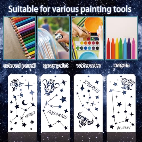 12 Pcs Stars Decorative Stencils, 12 Styles Star and Moon Stencil Reusable Star Zodiac Constellation Painting Stencils for Painting on Furniture Scrapbook Decor - style: Star and Moon