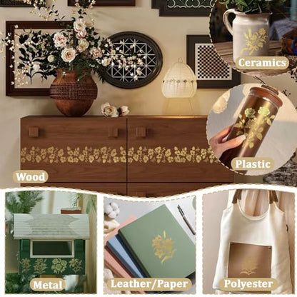 WANDIC 8PCS Golden Stamping Decals Rub on Transfer Stickers,Flowers Theme Waterproof Stickers for Furniture Scrapbooking Window,10 * 30cm - color: Flowers Theme