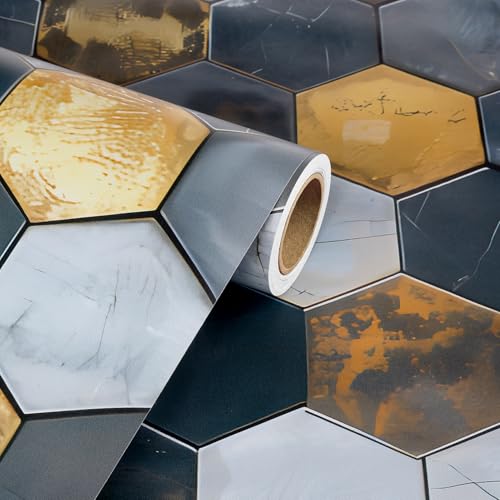 Livelynine Peel and Stick Backsplash Wallpaper Art Deco Geometric Hexagon Wall Tile Wallpaper for Kitchen Dark Navy Blue White Copper Metal Gold Vinyl Self Adhesive Contact Paper Waterproof 17.5x78.8 - size: 17.5x78.8 Inch