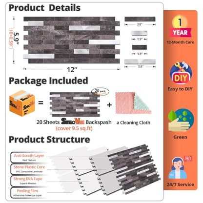 StyloVue 20 Sheets Peel and Stick Backsplash for Kitchen, Dark Grey with Metal Silver Look Stick on Tile Upgrade Your Kitchen Backsplash, RV, Fireplace - color: Dark Grey With Metal Silver