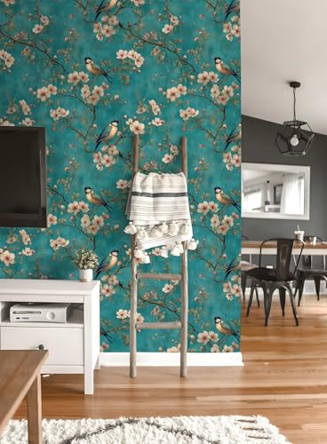 Bird Floral Peel and Stick Wallpaper, Teal Chinoiserie Botanical Wallpaper - color: ML-M091, size: 17.7" x 118"