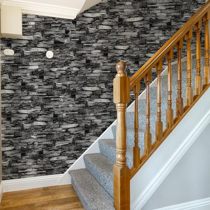 Peel and Stick 3D Foam Stone Wall Panels, Self Adhesive Wallpaper - color: Black Rock, size: 20 PACK