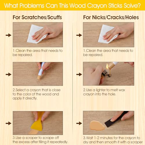 60+2 Pcs Wood Filler Sticks & Wood Crayons for Scratches, 30 Colors Wax Repair Kit with 2 Scrapers for Furniture, Floors, Cabinets, Baseboards - Quick & Easy Touch Up