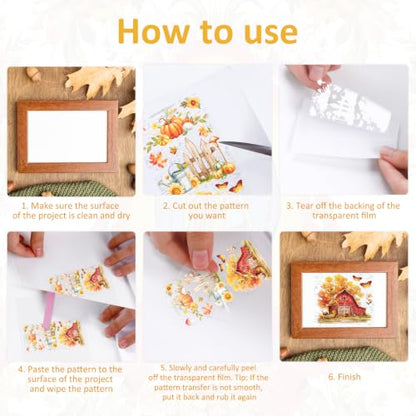 6 Pcs Fall Rub on Transfers, Farmhouse Pumpkin Rub on Transfers for Crafts and Furniture, Watercolor Autumn Dtf Transfer Ready to Press for Home Office Wood DIY Crafts Holiday Gift