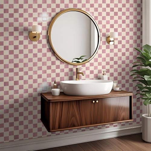 Art3d Grid Peel and Stick Backsplash, 10-Pack, 12" x 12", Pink & Warm White - color: Pink and Warm White