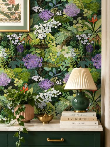 Peel and Stick Wallpaper Floral Renter Friendly Wallpaper - color: Jungle Green