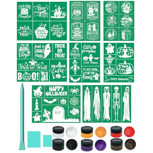 JAJADO 17 Pcs Halloween Silk Screen Stencils Chalk Paste Paint, 8pcs Fall Halloween Adhesive Stencils Silk Screen Transfers, 6pcs 1.7oz/50ml Stencil Paint on Wood Shirts Holiday Halloween Home Decor - color: 17pcs Halloween Screen Printing kit