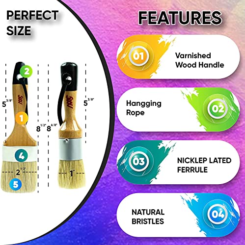 Chalk Wax Paint Brush Bundle - 5 Multi-Sized Brushes for Detailed Furniture Painting & Waxing, Compatible with Annie Sloan and Fusion Mineral Paints, Perfect for Milk Paint and Soft Wax Applications