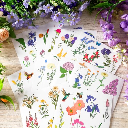 Satinior 16 Sheets Summer Wildflower Rub on Transfers Sticker for Crafts Butterfly Bee Bird Flower Rub on Decals for DIY Furniture Scrapbook Wood Fabric Journal Envelope, 5.9 x 5.9 Inch - style: Wildflower