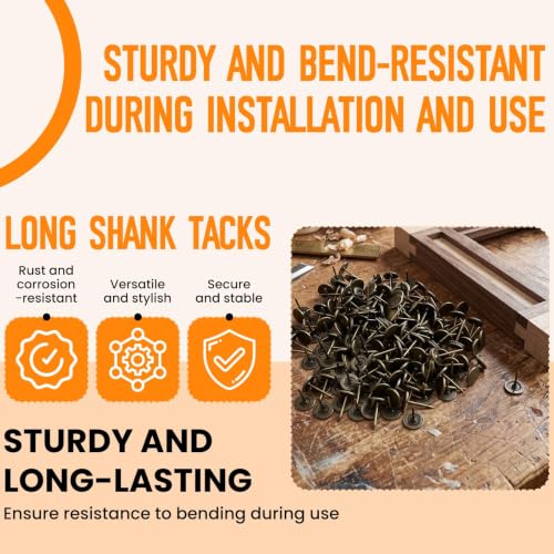 200Pcs 7/16 Inch Upholstery Thumb Tacks for Wall | Industrial Rustic Bronze Pushpins | Long Shank Tacks | for Fastening Carpet, Wooden Doors, Headboards