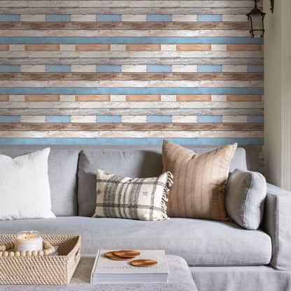 COMSTICKC 3D Peel and Stick Faux Wood Wall Sticker, 10 Pcs 11.8" x 11.8" - color: Blue/Brown