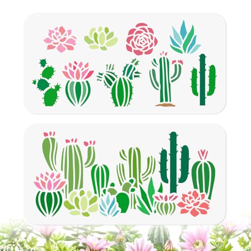 2Pcs Cactus Succulent DIY Painting Stencils for Wall Home Decor - style: Cactus