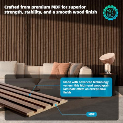 Art3d Wood Slat Wall Panels, Fluted MDF, 6-Pack, 94.6 x 7.4 in,Walnut - color: Walnut