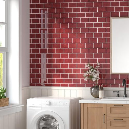 VEELIKE 12 Sheet Retro Red Peel and Stick Backsplash for Kitchen Subway Tile Backsplash Peel and Stick for Kitchen Wall Bathroom Waterproof Removable Red Ceramic Tile Sticker for Backsplash 12''x12'' - size: Box of 12 Tiles