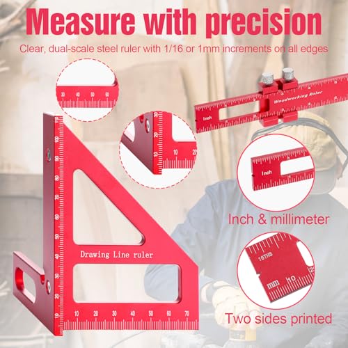 4 Pcs Woodworking Ruler, Metal Precision Pocket Rulers 12, 8, 6 Inch with 3D Multi Angle Measuring Ruler 45/90 Degree for Precision Measuring Marking Inch and Metric