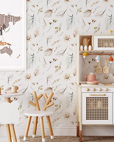 Modern Botanical Wallpaper | Removable Self Adhesive Watercolor Wallpaper | Neutral Floral Peel and Stick (1 roll 24" W x 60" H) - size: 24" x 60"