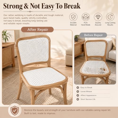 Reaeng Rattan Repair Kit for Chair Caning, Complete Furniture Restoration Kit with 15.7 x 39.4 Inch Cane Webbing Roll, Spline, 2 Caning Chisels and 8 Wooden Wedges - color: White