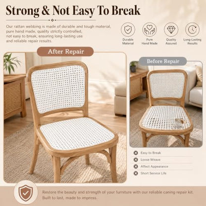 Reaeng Rattan Repair Kit for Chair Caning, Complete Furniture Restoration Kit with 15.7 x 39.4 Inch Cane Webbing Roll, Spline, 2 Caning Chisels and 8 Wooden Wedges - color: White