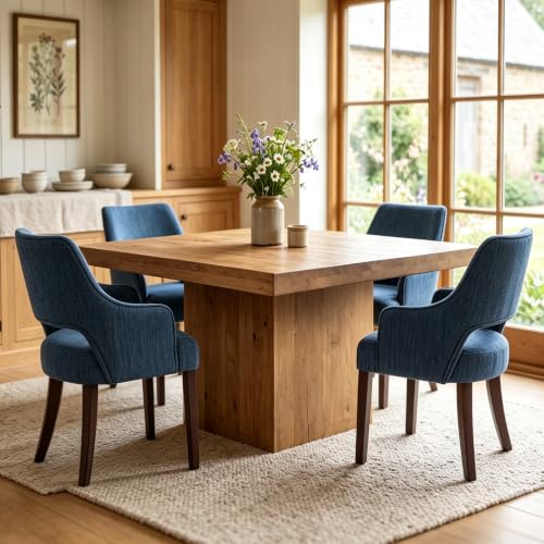 chairus Upholstered Farmhouse Dining Chairs Set of 4, Blue Linen Fabric Dining Room Chairs with Arms, Solid Wood Curved Back Kitchen Accent Side Chairs for Dining Room/Living Room, Blue - color: Blue