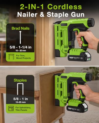 TaskStar 18-Gauge Cordless Brad Nailer: 20V 2-in-1 Electric Nail Gun with 2 Batteries, 1000pcs Nails & Staples, Adjustable Depth Staple Gun for Wood, Drywall, Upholstery & DIY Projects