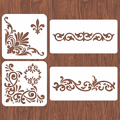 INFUNLY 4PCS Corner Stencils for Painting Vintage Flower Border Stencil Large Square Lace Tile Stencil Reusable Damask Furniture Stencils for Wood Canvas Paper Fabric Floor DIY Craft
