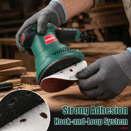 HYCHIKA 5‑Inch Random Orbital Sander, 6000‑13000 OPM, Electric Palm Sander, 6 Variable Speeds, 300W Motor with Upgraded Vacuum Dust Collector, 10 Pcs Sandpapers for Furniture Refinishing & DIY