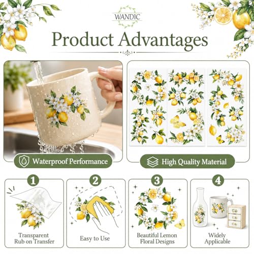 WANDIC 3 Sheets Rub On Transfer Stickers, Lemon Flowers Pattern Waterproof Decals Furniture Craft Embellishments for DIY Scrapbooking Photo Albums,15 * 30cm - color: Yellow