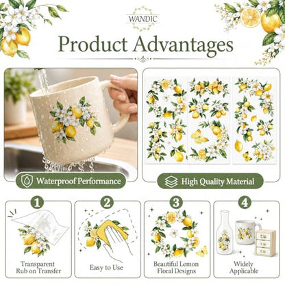 WANDIC 3 Sheets Rub On Transfer Stickers, Lemon Flowers Pattern Waterproof Decals Furniture Craft Embellishments for DIY Scrapbooking Photo Albums,15 * 30cm - color: Yellow