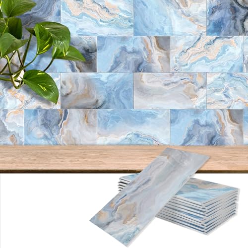 4 Sheets Blue Onyx Marble Look Peel & Stick Subway Tile 4"x8" - color: Blue Onyx Marble, size: 4 Pcs 4" x 8" x 0.07"